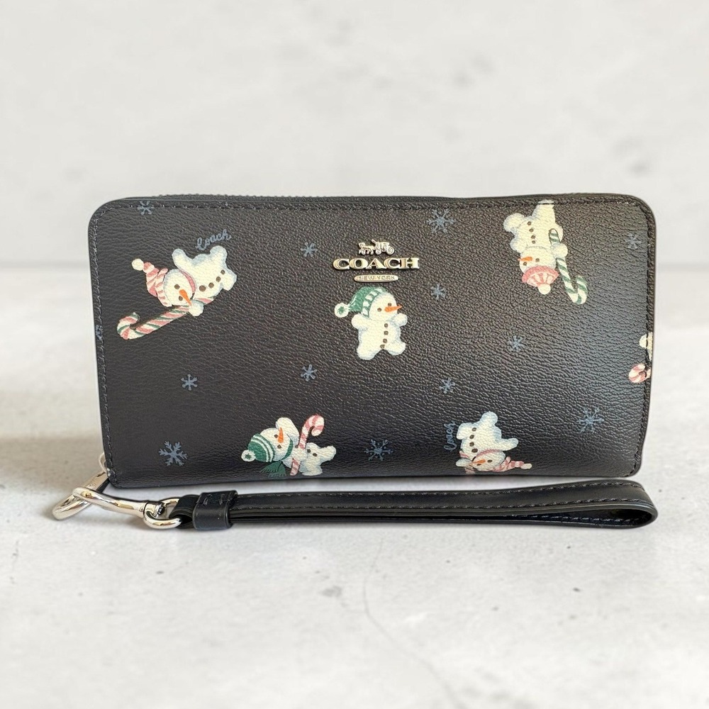 Coach‎ Long Zip Around Wallet Snowman Print Navy Pebble Leather Wristlet C7409
